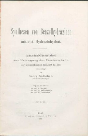 Synthesen von Benzolhydrazinen mittelst Hydrazinhydrat