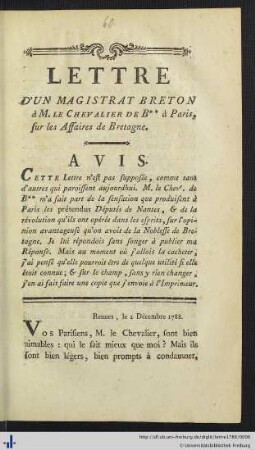 Lettre D’Un Magistrat Breton à M. Le Chevalier De B** à Paris, sur les Affaires de Bretagne.