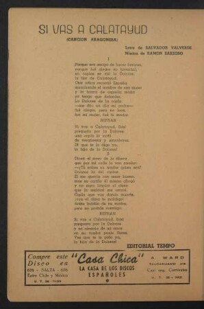 Si vas a Calatayud : (Canción aragonesa). Editorial Tempo.