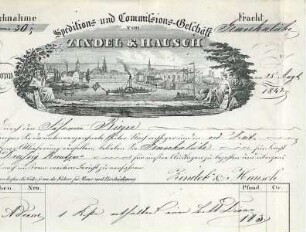 Frachtbrief bzw. Rechnung der Fa. Zindel & Hausch, Spedition und Kommissionsgeschäft, mit Nordwest-Ansicht von Heilbronn