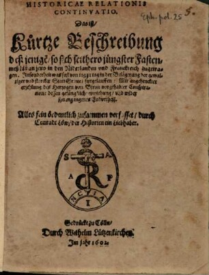 Historicae relationis continvatio : das ist historische Beschreibung fürnemer unnd denckwürdigen Geschichten, 1602