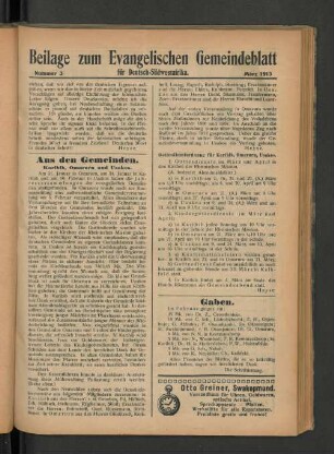 Beilage zum Evangelischen Gemeindeblatt für Deutsch-Südwestafrika. Nummer 3. März 1913