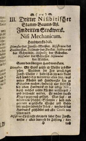 113-123, III. Dritter Nisibitischer Stamm-Baums-Ast. Im dritten Stockwerck. Nisi Mechanicum. IV. Vierdter Nisibitischer Stamm-Baums-Ast. Im dritten Stockwerck. Nisi Venale.