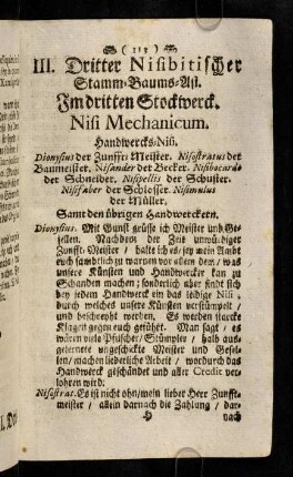 113-123, III. Dritter Nisibitischer Stamm-Baums-Ast. Im dritten Stockwerck. Nisi Mechanicum. IV. Vierdter Nisibitischer Stamm-Baums-Ast. Im dritten Stockwerck. Nisi Venale.
