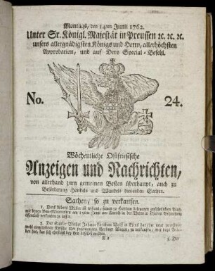 No. 24. Montags, den 14ten Junii 1762.