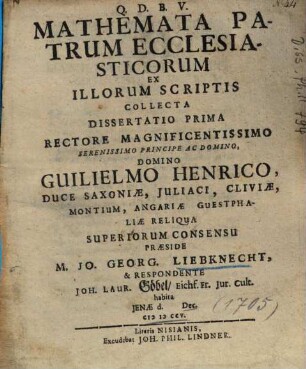 Mathemata Patrum Ecclesiasticorum Ex Illorum Scriptis Collecta Dissertatio Prima