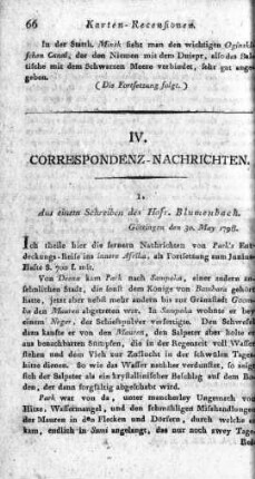 Aus einem Schreiben des Hofr. Blumenbach : Göttingen, den 30. May 1798