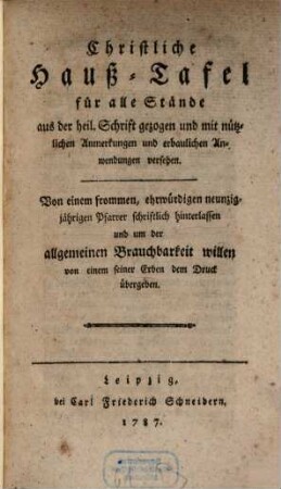 Christliche Haustafel für alle Stände : aus der heiligen Schrift gezogen
