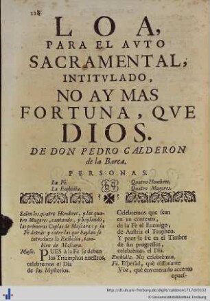 Loa para el Auto Sacramental No ay mas Fortuna que Dios.