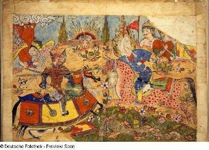Ali b. Abi Talib zu Pferde tötet seinen ebenfalls berittenen Gegner mit dem dhu-l-faqar, fol. 1b (Seite 100) : Ali b. Abi Talib zu Pferde tötet seinen ebenfalls berittenen Gegner mit dem dhu-l-faqar, fol. 1b (Seite 100). Deckfarben; 41,5 x 60 cm (beschnitten). Aus: Falnameh. Dresden: SLUB Mscr.Dresd.Eb.445