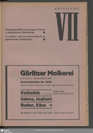 Abteilung VII. Handelsregister. Berufsklassen und Gewerbebetriebe