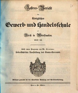 Jahresbericht der Königlichen Gewerb- und Handelsschule zu Fürth in Mittelfranken. 1852/53