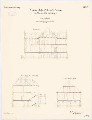 Landwirtschaftlich-Bakteriologisches Institut der Universität Göttingen: Hauptgebäude: Längsschnitt, Querschnitte 1:100