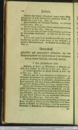 Verzeichniß gedruckter und ungedruckter Urkunden, die den Religionszustand des Fürstenthums Oels erläutern und zu diesem Versuche gebraucht worden