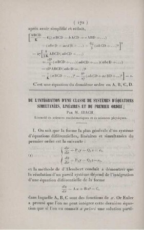 De l'intégration d'une classe de systèmes d'équations simultanées, linéaires et du premier ordre.