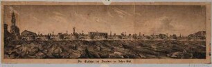 Die Elbbrücke (alte Augustusbrücke) in Dresden während des Hochwassers am 31. März 1845 mit Eisschollen von Osten