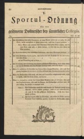 V. Sportul-Ordnung für die geschworne Dollmetscher bey sämmtlichen Collegiis.