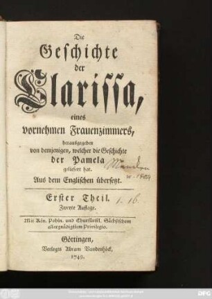 Theil 1: Die Geschichte der Clarissa, eines vornehmen Frauenzimmers
