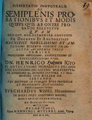Dissertatio inavgvralis de semiplenis probationibvs et modis qvibvs qvis ab onere probandi relevetvr