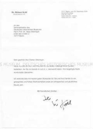 Handsigniertes Dankschreiben von Helmut Kohl für die Zusendung von Katalogen des DHM