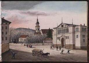 'Turnhalle in Stuttgart' im Hintergrund die Hospitalkirche; Aquarell