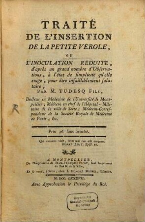 Traité de l'Insertion de la petite vérole
