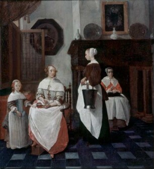 Interieur mit drei Frauen und einem kleinen Mädchen