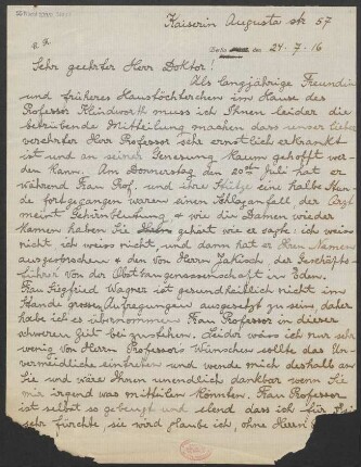 Brief an Ludwig Strecker und Ludwig Strecker (senior) an B. Schott's Söhne : 24.07.1916