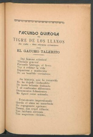 Facundo Quiroga, el Tigre de los Llanos : Su vida - sus atroces crimenes