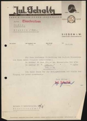 Firmenbriefkopf Jul. Scholtz, Siegen i. Westf., Leder - Treibriemen - Fabrik