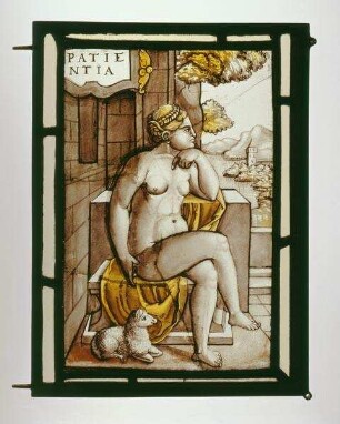 Kabinettscheibe mit einer sitzenden allegorischen Aktfigur der Patientia (Geduld) und einem Lamm zu ihren Füßen