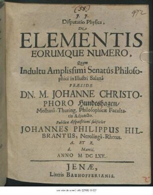 Disputatio Physica, De Elementis Eorumque Numero