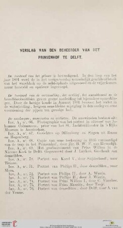 Verslag van den Beheerder van het Prinsenhof te Delft