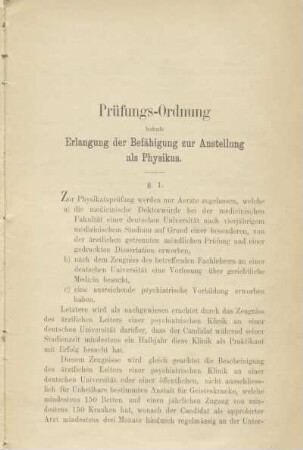 Prüfungs-Ordnung behufs Erlangung der Befähigung zur Anstellung als Physikus