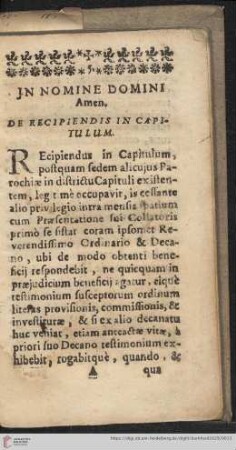 In nomine Domini Amen. De recipiendis in capitulum