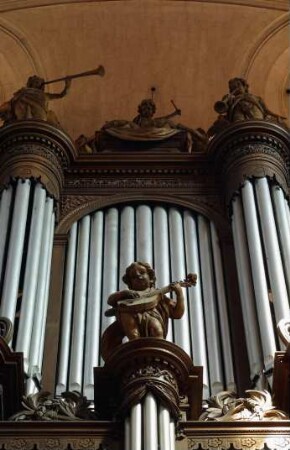 Frankreich. Alsace. Bas Rhin. Guebwiller. Eglise Notre Dame innen. Orgel. Detail