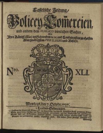 Nro. XLI, Montags, den 7. Octobr 1737