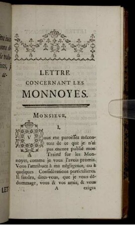 Lettre Concernant Les Monnoyes.