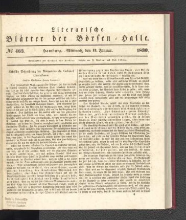 No 463. Hamburg. Mittwoch, den 13. Januar. 1830.