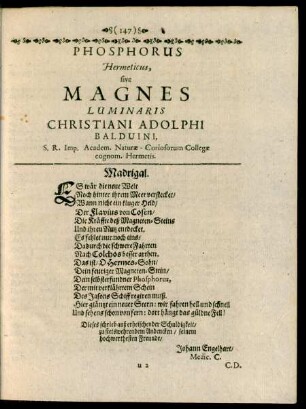 Phosphorus, Hermeticus, sive Magnes Luminaris Christiani Adolphi Balduini, ...