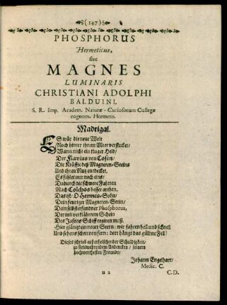 Phosphorus, Hermeticus, sive Magnes Luminaris Christiani Adolphi Balduini, ...