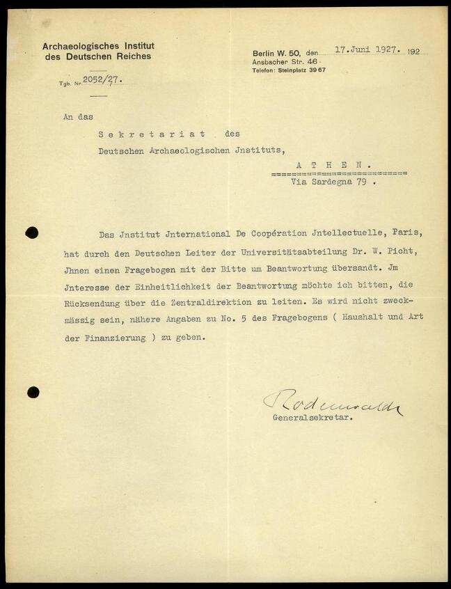 G. Rodenwaldt an DAI Athen | Digitalisierung: Deutsches Archäologisches Institut, Athen, Archiv