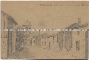 Kirchplatz in Hauviné, handgezeichnete Postkarte von der französischen Front