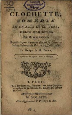 La clochette : Comédie en un acte et en vers, mêlée d'ariettes