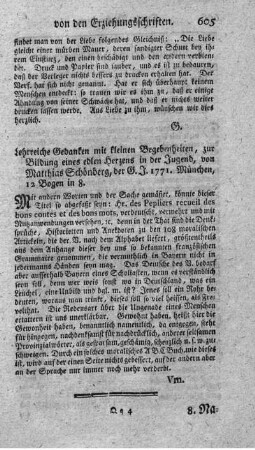 Lehrreiche Gedanken mit kleinen Begebenheiten, zur Bildung eines edlen Herzens in der Jugend.