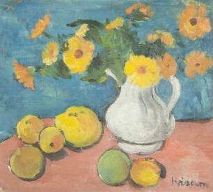 Krug mit Blumen und Äpfeln
