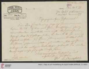 Briefe von Carl Zeiss (Jena) an Max Wolf: Brief von August Sonnefeld von Carl Zeiss (Jena) an Max Wolf