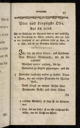 95-108, Vier und dreysigste Ode. Auf sich selbst; Fünf und dreysigste Ode. An Fortunen; Sechs und dreysigste Ode. Auf den Rumida; Sieben und dreysigste Ode. An seine Freunde; Acht und dreysigste Ode. An seinen Diener