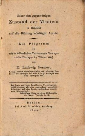 Über den gegenwärtigen Zustand der Medicin in Hinsicht auf die Bildung künftiger Ärzte