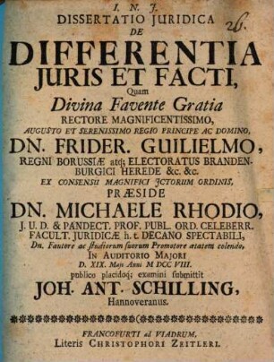 Dissertatio Juridica De Differentia Juris Et Facti